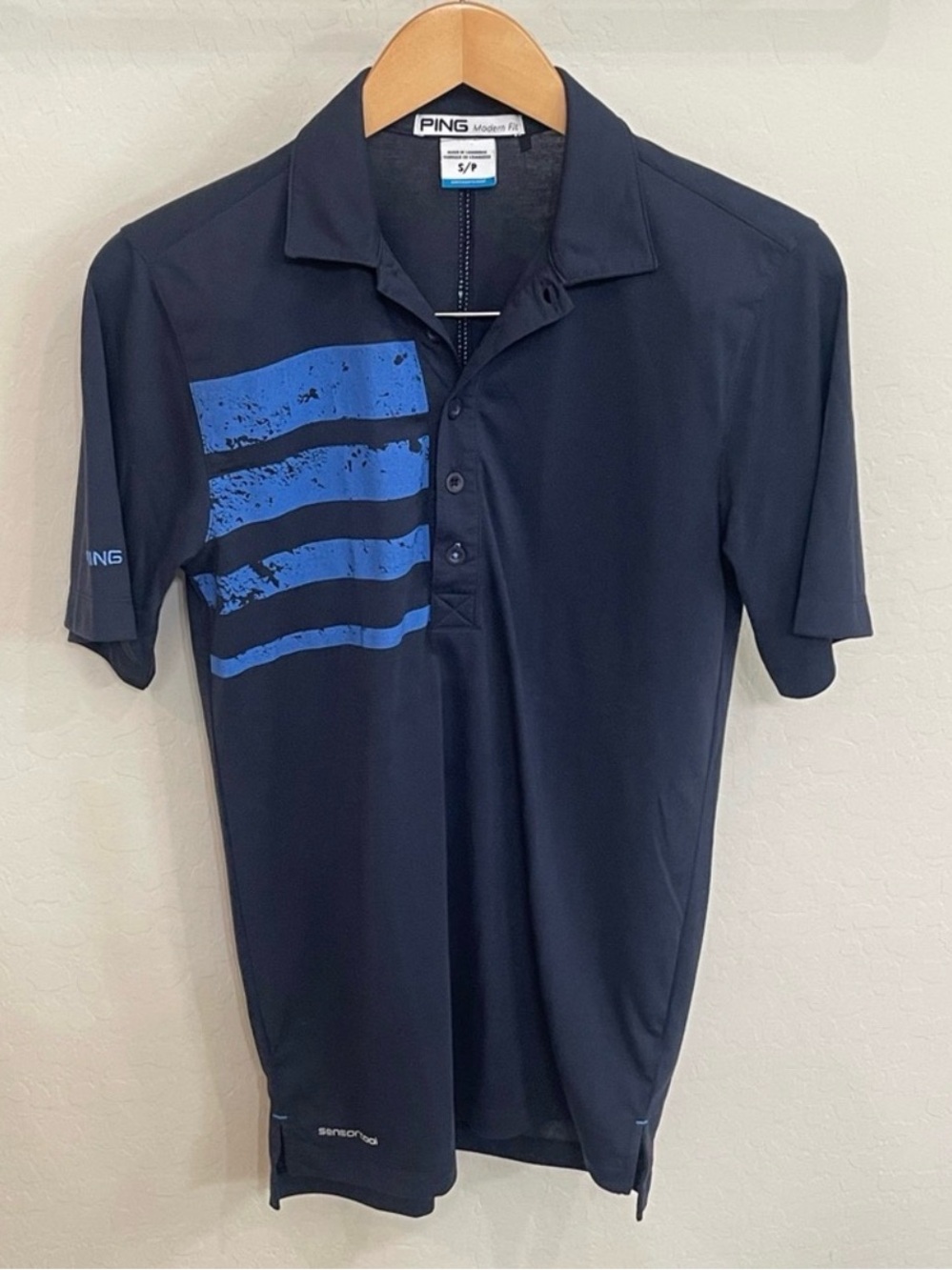 PING Golf Polo Shirt Mens Modern Fit Sensorcool Navy Blue Distressed Stripe S
